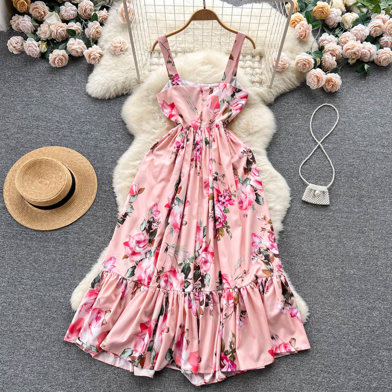 One-shoulder strapless summer vacation waist slimming ruffle print dress