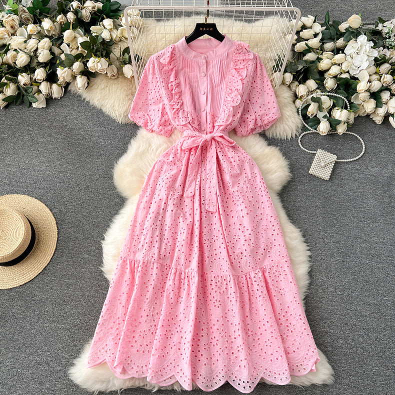 Bohemian summer new age-reducing puff sleeves heavy embroidery ruffle dress