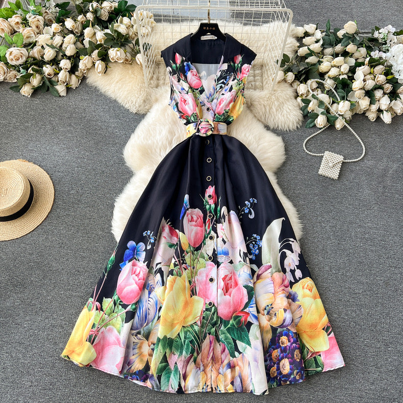 Blossom printed suit with collar, button-down and waist, high-end long sleeveless dress