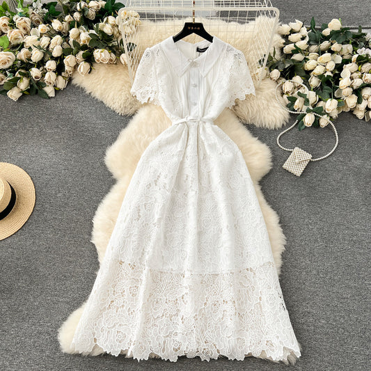 High-end dress new design buttoned slim long lace dress m1639