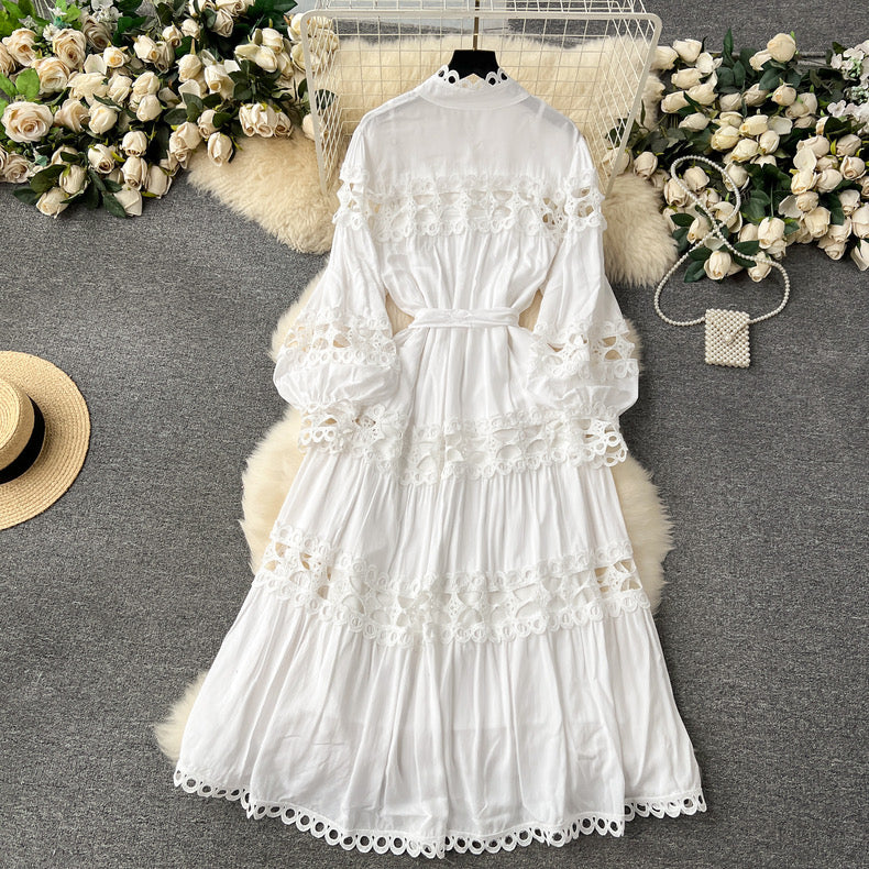 Palace style hollow lace lace long French puff sleeve maxi dress