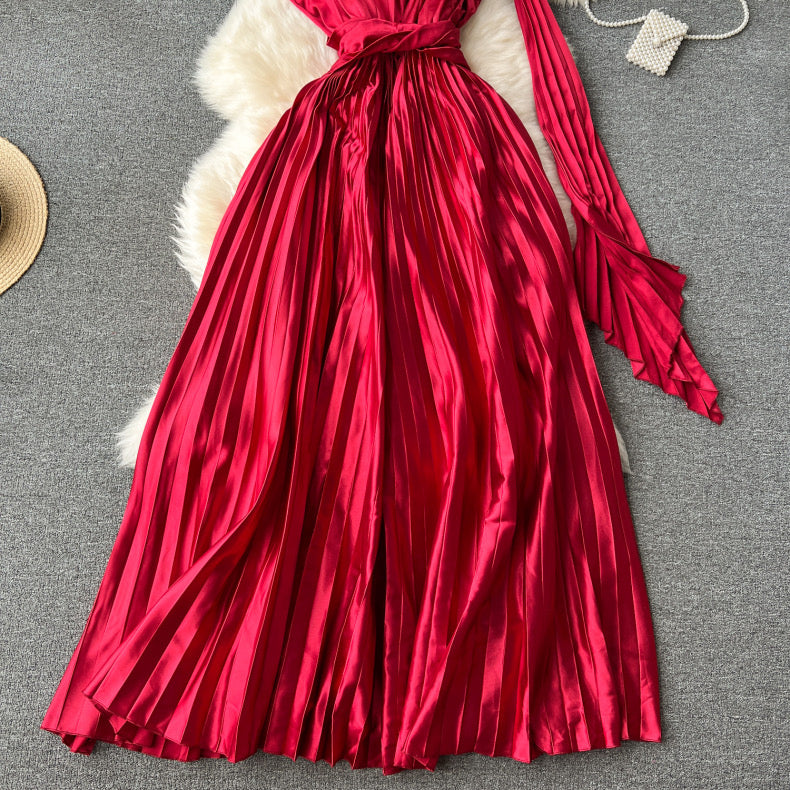 High-end off-shoulder ribbon design high-waist slim drape pleated dress