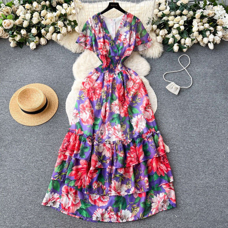 Floral  rubber waist style gown