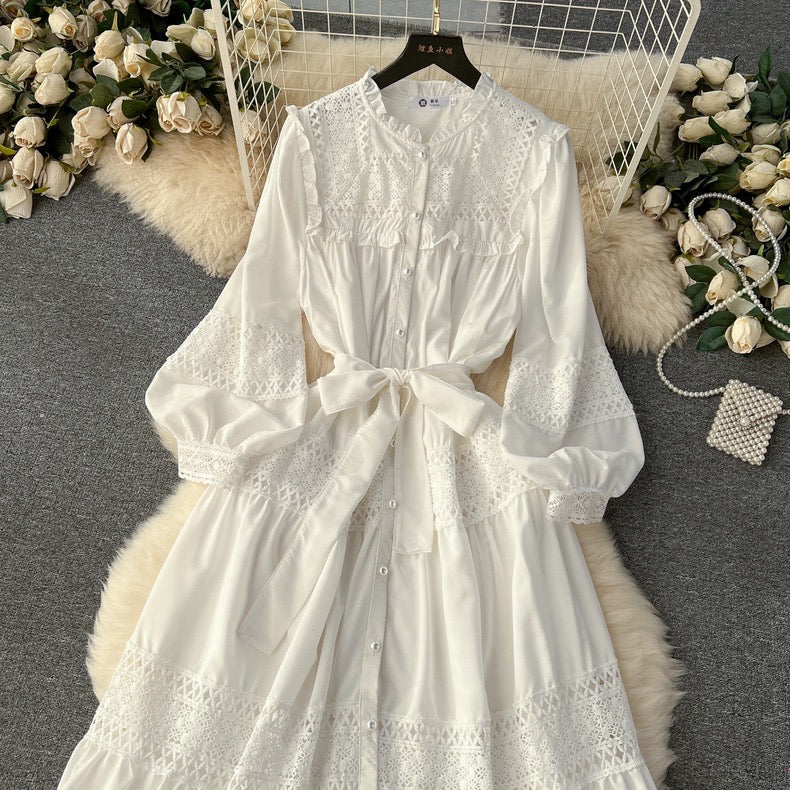 Edge collar buttoned lace-up long hollow lace splicing puff sleeve dress m9016