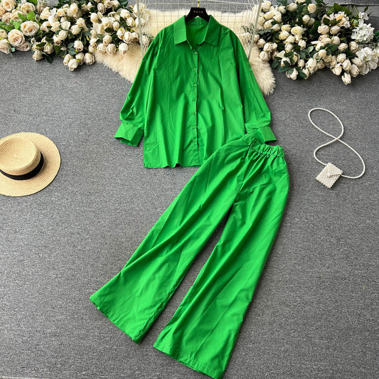 Loose long-sleeved single-breasted shirt, two-piece set, high-waisted slimming wide-leg trousers