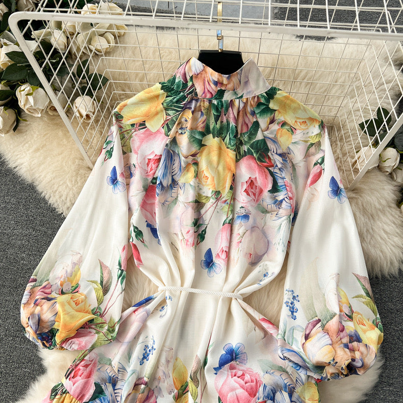 Blossom Series High-end Printed Puff Sleeves Elegant long Dress