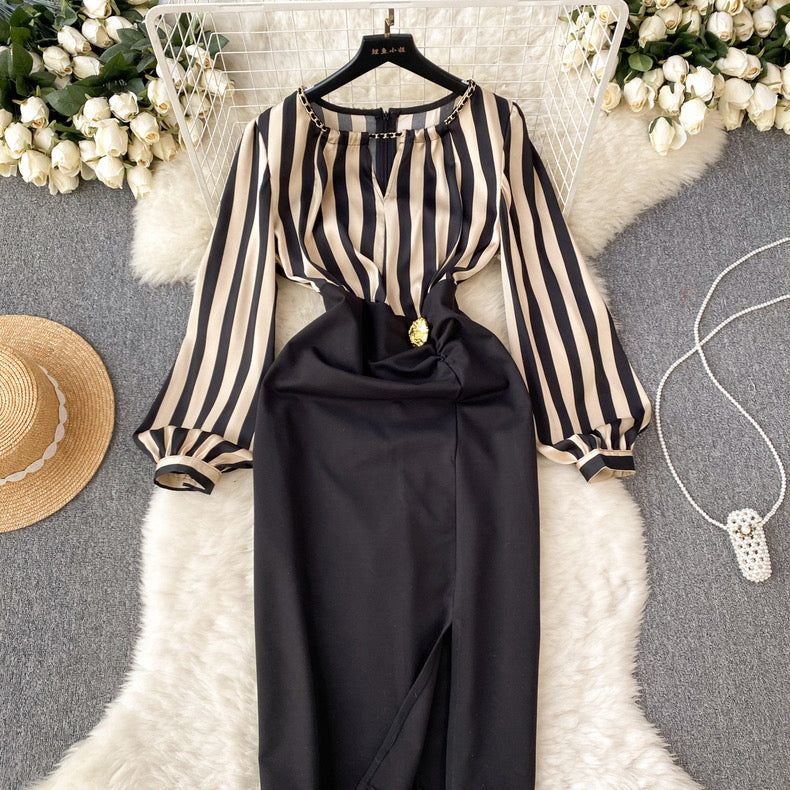 high-end striped dress puff sleeve patchwork waist slit design bodysuit m5582