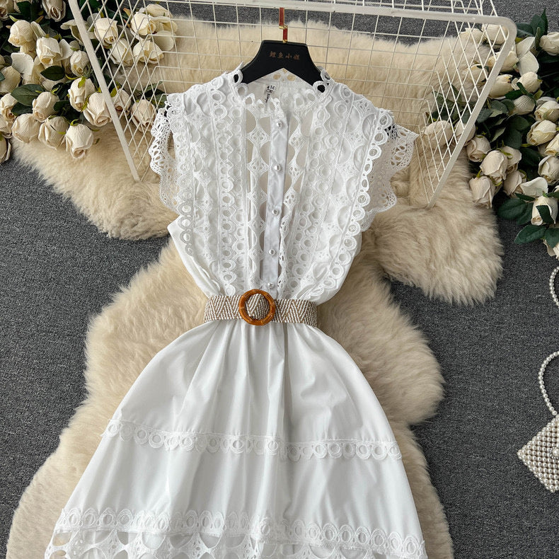 high-end stand-up collar embroidery lace splicing sleeveless elegant dress m5058