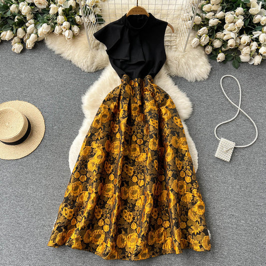 ruffled sleeveless splicing high waist  flower embroidered dress