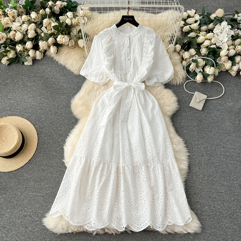 Bohemian summer new age-reducing puff sleeves heavy embroidery ruffle dress