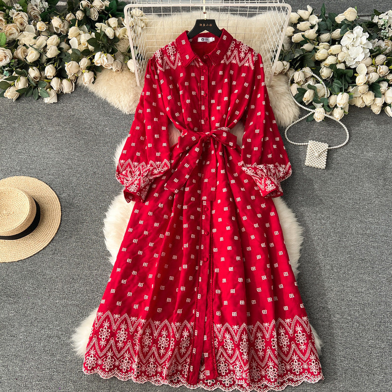 Heavy-hollow embroidered loose-slimming fashionable age-reducing swing dress