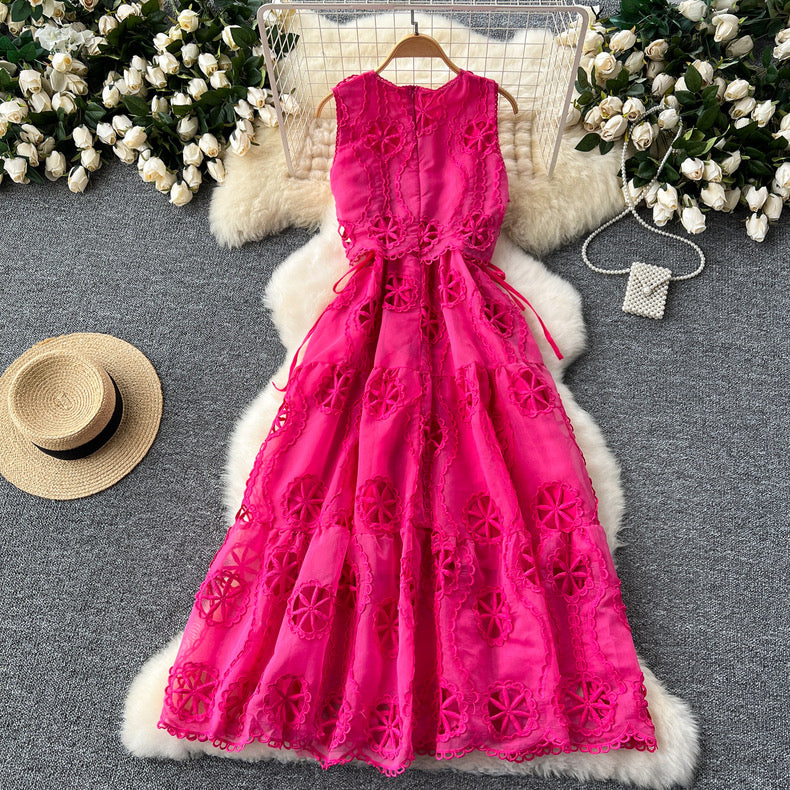 hollow lace cutwork embroidery waist stitching sleeveless dress