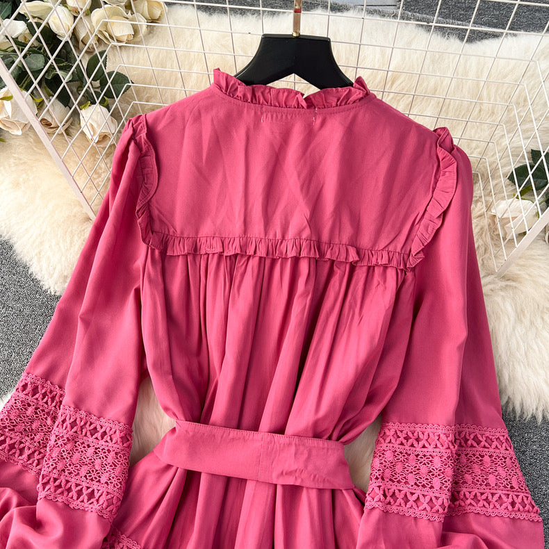 Edge collar buttoned lace-up long hollow lace splicing puff sleeve dress m9016