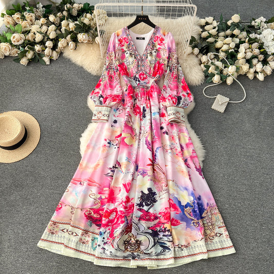 printed waist slim puff sleeve temperament long dress