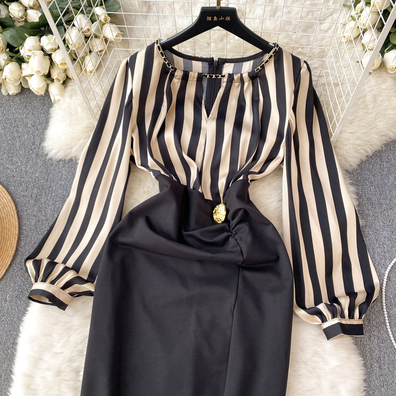 high-end striped dress puff sleeve patchwork waist slit design bodysuit m5582