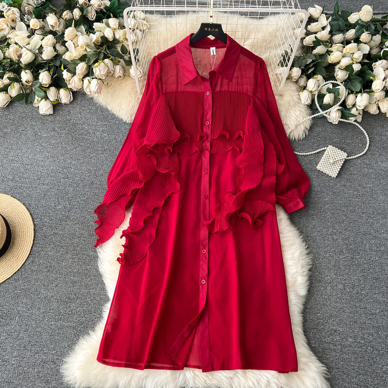 light mature style shirt dress for women ruffled splicing ribbon chiffon long shirt