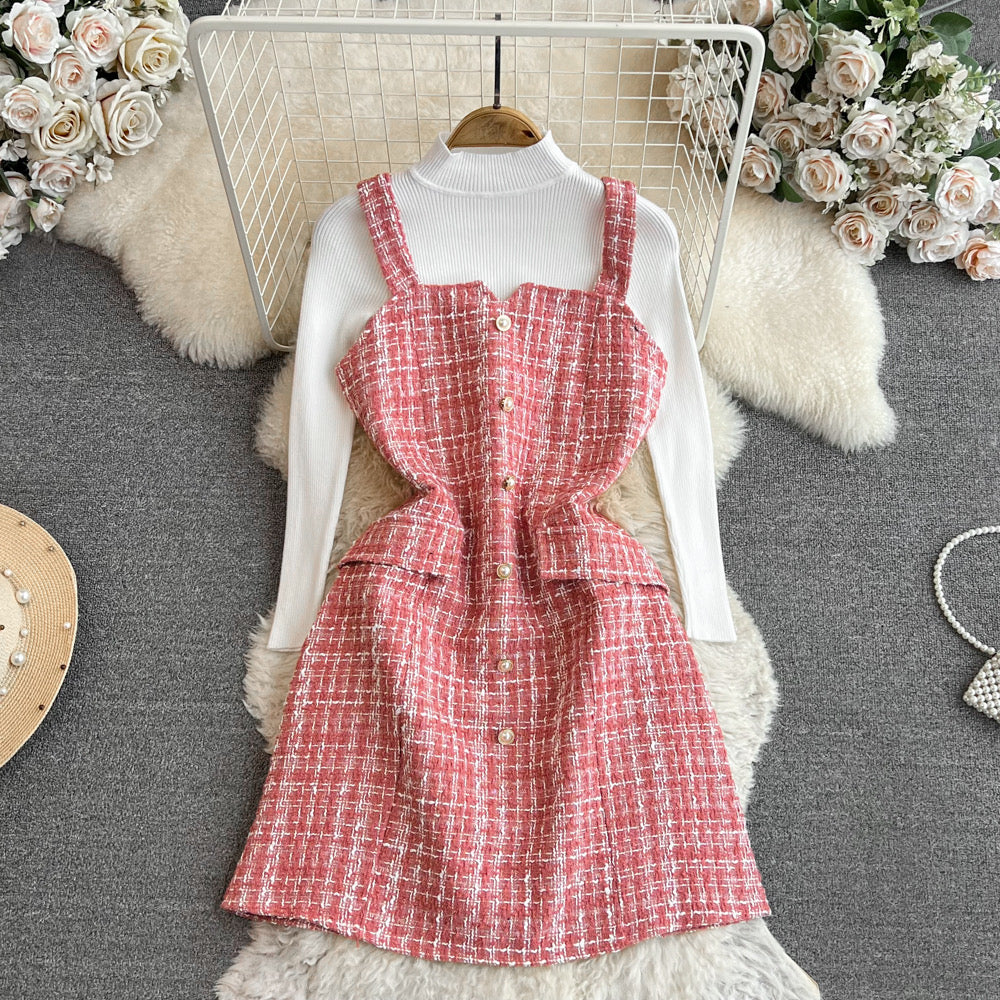 Sweater top two-piece set waist slimming tweed suspender dress