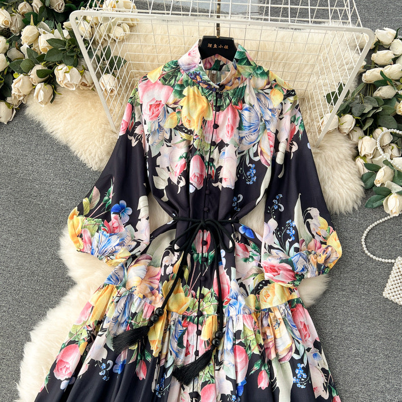 Blossom Series High-end Printed Puff Sleeves Elegant long Dress