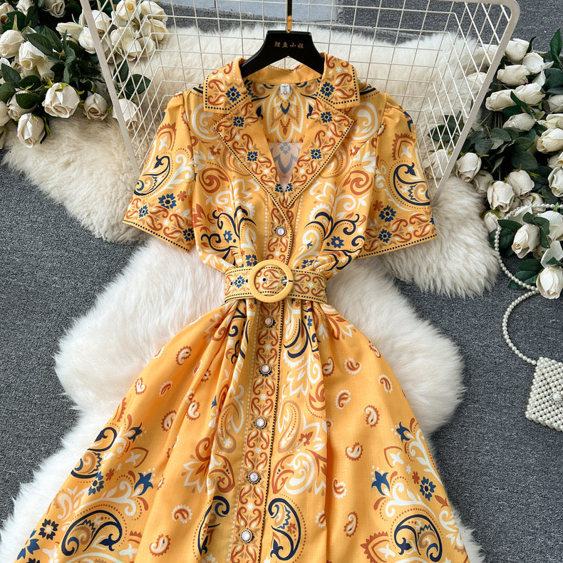 Palace style high-end printed, buttoned longdress