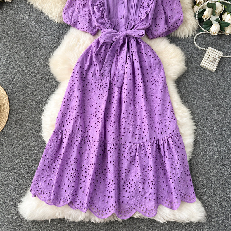 Bohemian summer new age-reducing puff sleeves heavy embroidery ruffle dress