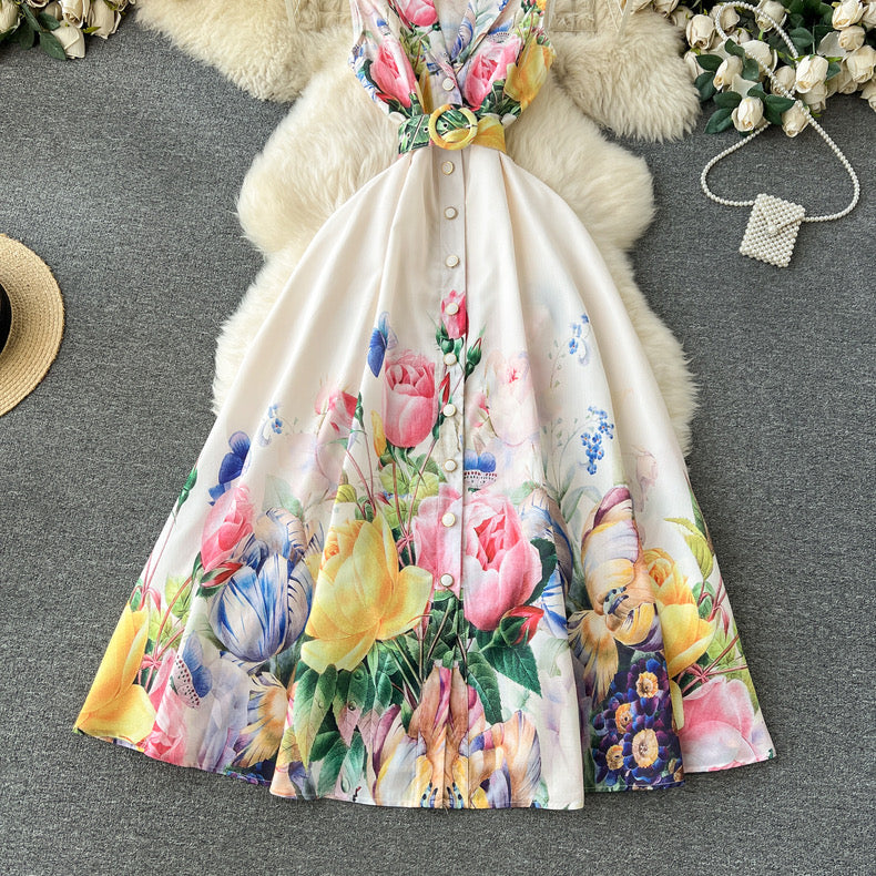 Blossom printed suit with collar, button-down and waist, high-end long sleeveless dress