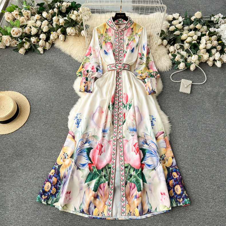 French retro palace style printed long temperament dress