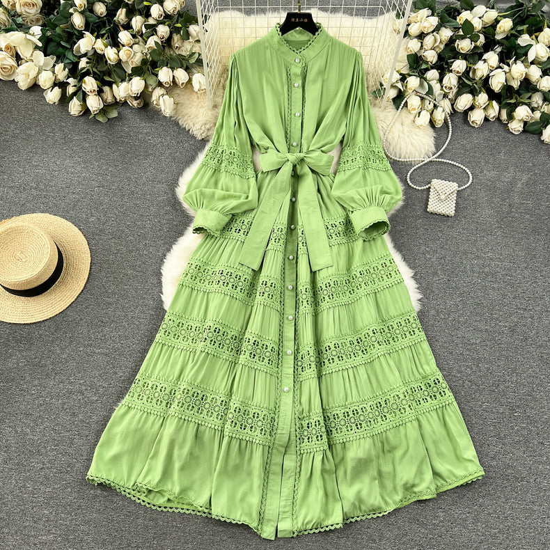 hollow lace splicing, puff sleeve long dress cotton comfortable dress m22618