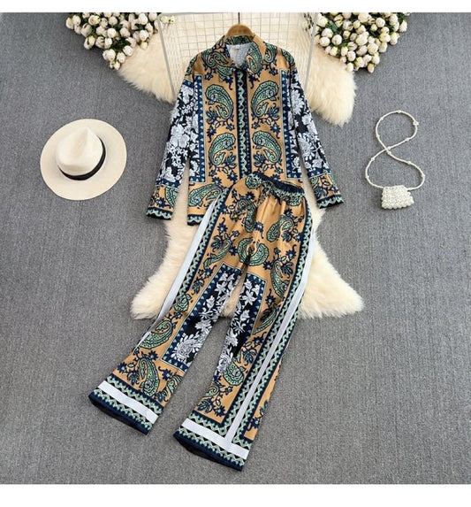 printed loose long-sleeved shirt two-piece set high-waisted straight casual pants