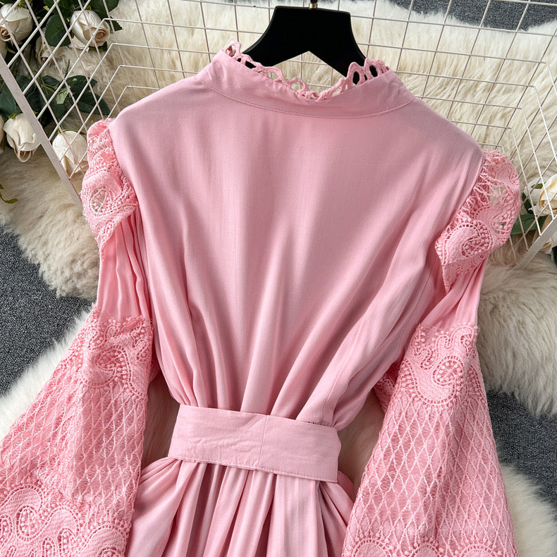 lace up hollow splicing breasted long puff sleeve dress m9021