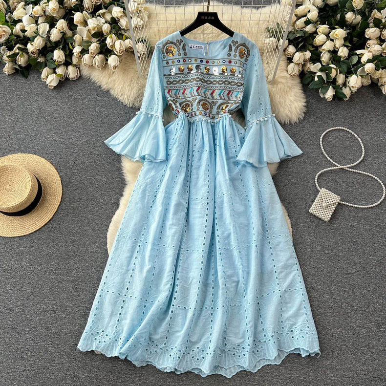 French retro ethnic style embroidered round neck bell sleeve dress