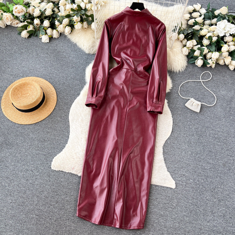 Long pleated pu leather bodysuit style winter dress