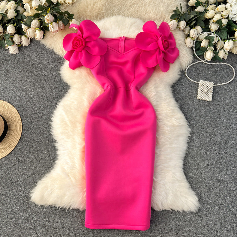 high-end, flower sleeve, slimming temperament, banquet party, bodycon dress