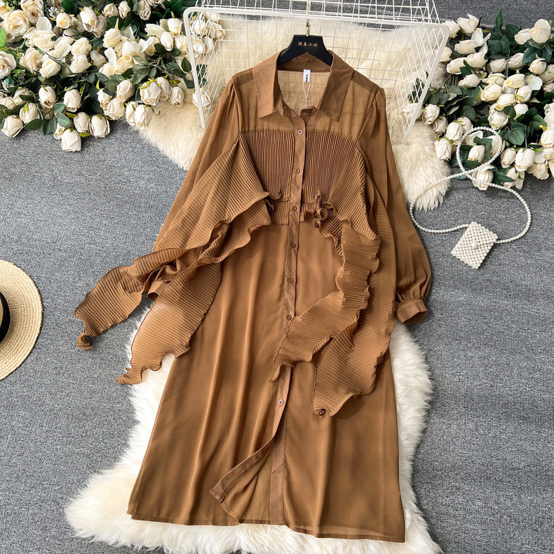 light mature style shirt dress for women ruffled splicing ribbon chiffon long shirt