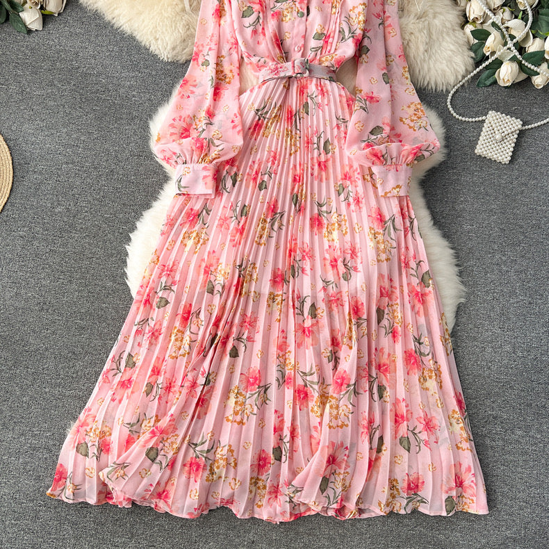 sweet collar buttoned slim long pleated floral puff sleeve chiffon Georgette dress