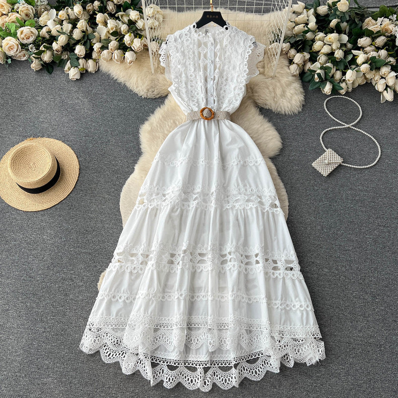 high-end stand-up collar embroidery lace splicing sleeveless elegant dress m5058