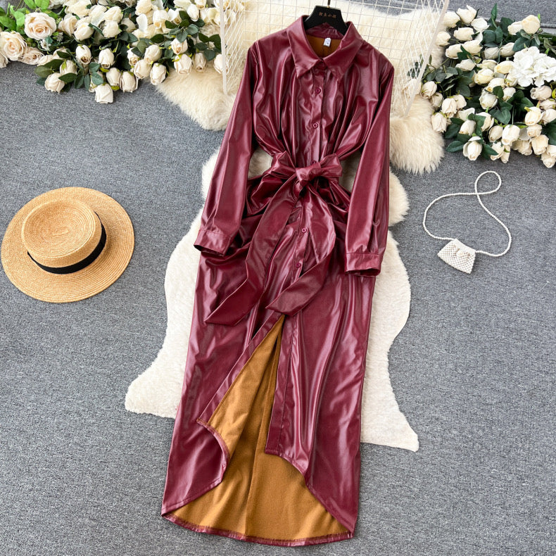 Long pleated pu leather bodysuit style winter dress