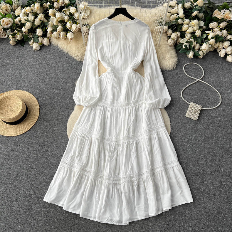 Seaside resort style white long sleeve fairy dress