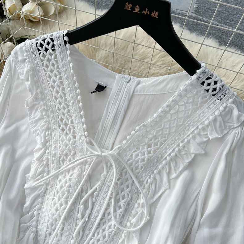 Seaside resort style white long sleeve fairy dress