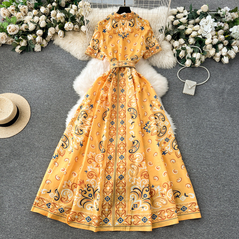 Palace style high-end printed, buttoned longdress