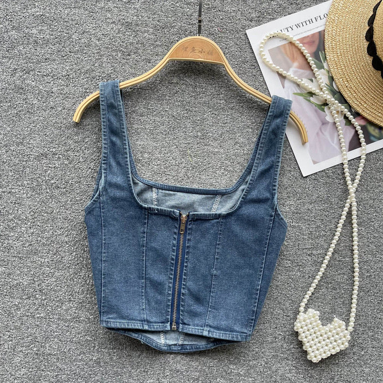 short denim top square neck zipper suspender top