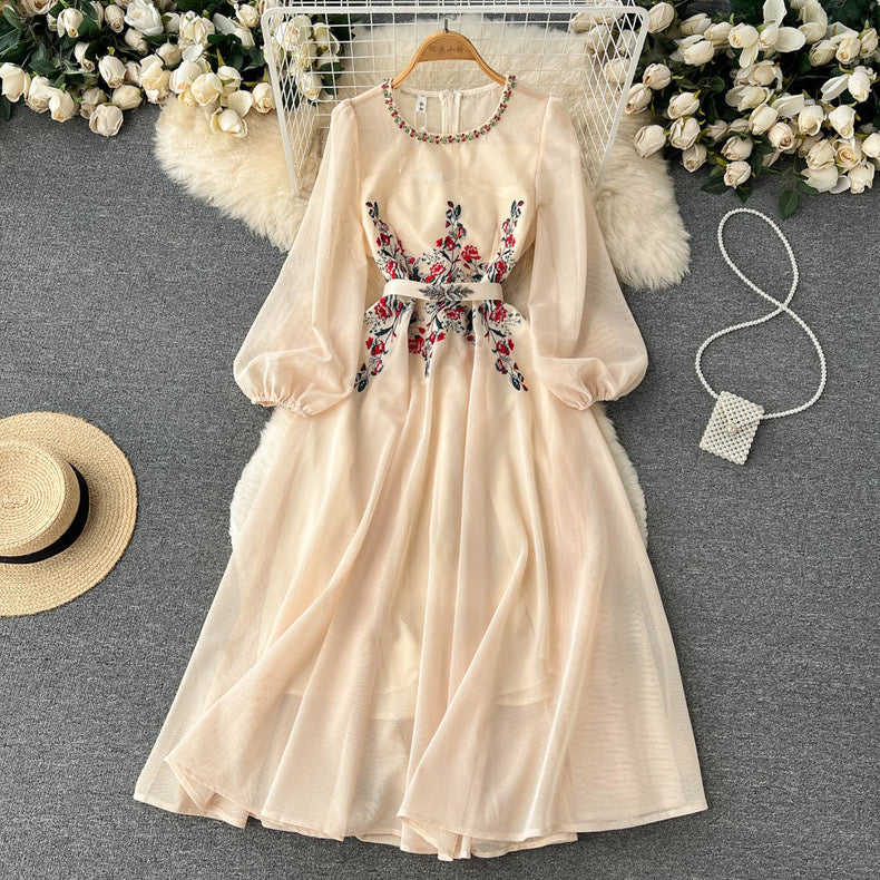 Beautiful Heavy embroidery mesh beaded long-sleeved dress