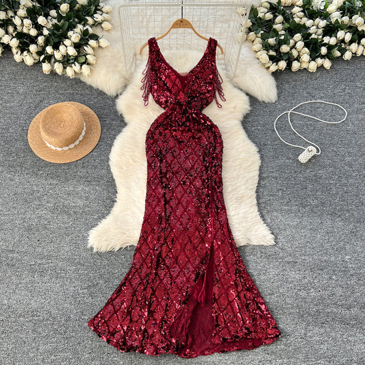 elegant embroidered beads and tassels, sexy V-neck waist slimming suspender slit fishtail dress with sequins