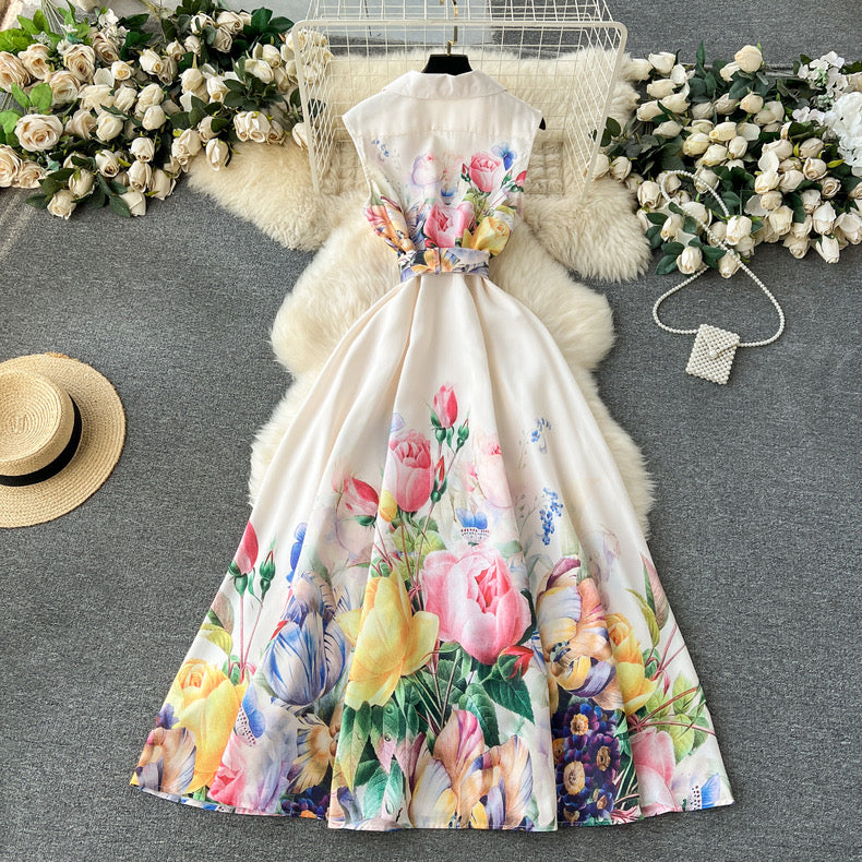 Blossom printed suit with collar, button-down and waist, high-end long sleeveless dress