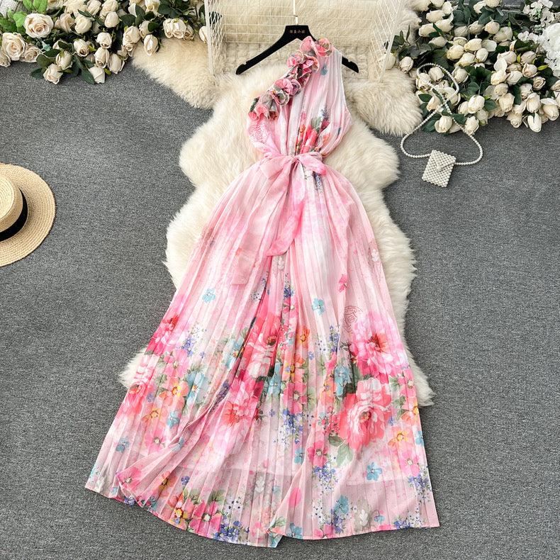 Blossom Series Ruffled Sloping Collar one Shoulder Printed Pleated Dress m6382