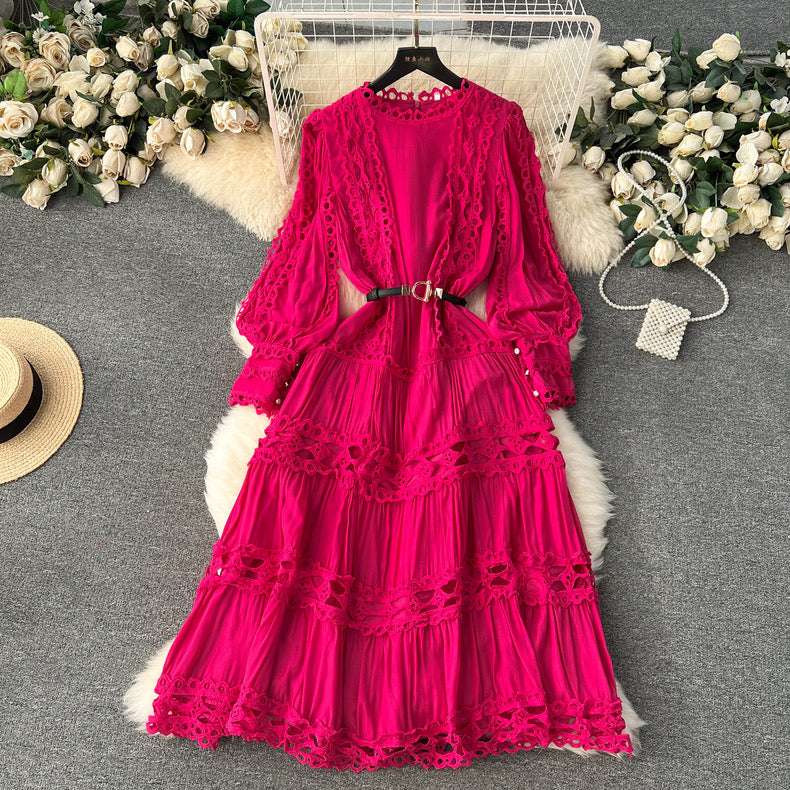 Beautiful heavy  hollow lace splicing French puff sleeve high-end dress