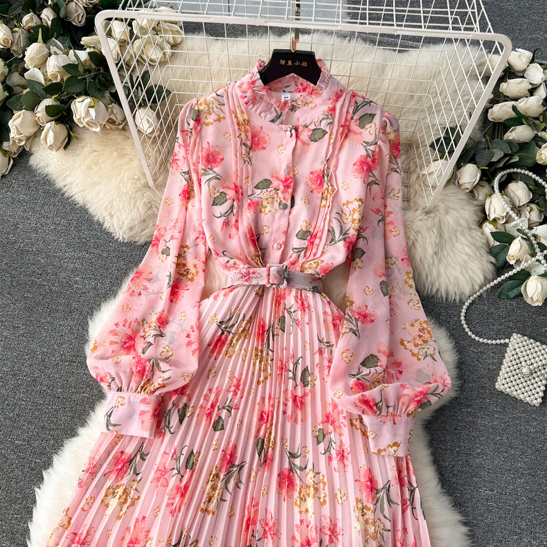 sweet collar buttoned slim long pleated floral puff sleeve chiffon Georgette dress