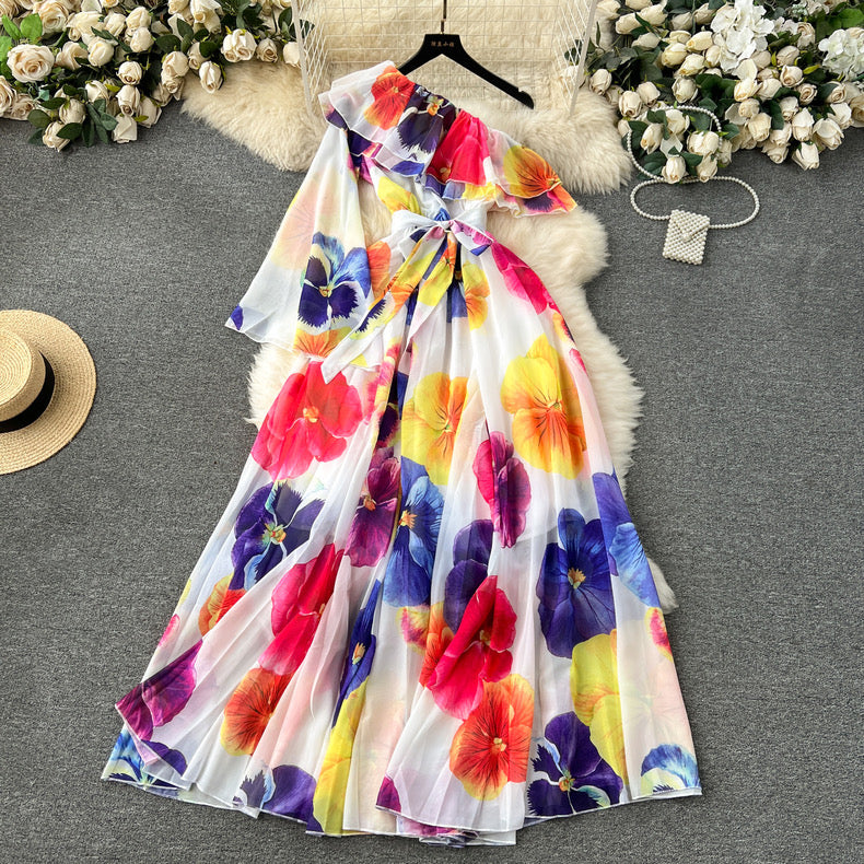 Blossom Series 2024 Bell Sleeve Ruffled Sloping Collar Off-Shoulder Long Chiffon Dress