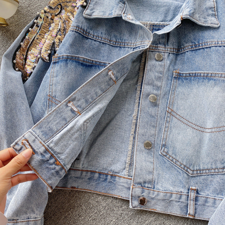 sequined loose design  high-end denim jacket top