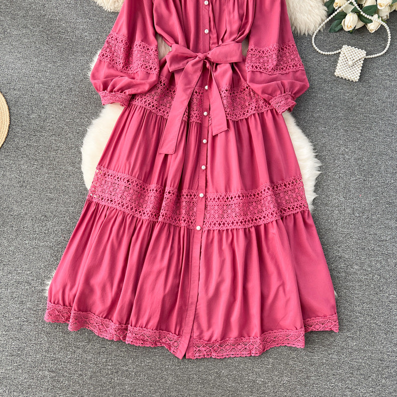 Edge collar buttoned lace-up long hollow lace splicing puff sleeve dress m9016