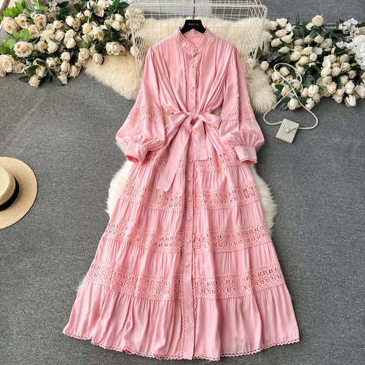 hollow lace splicing, puff sleeve long dress cotton comfortable dress m22618